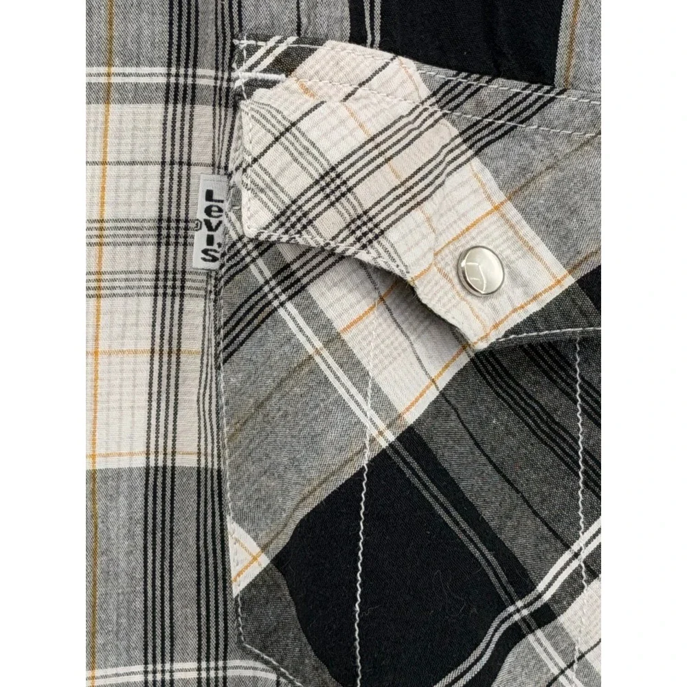 Levi's Men XXL Plaid Western‎ Pearl Snap Shirt Black White Yellow Cotton Regular